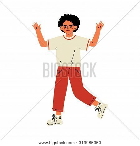 Brunette Cheerful Boy With Curly Hair Standing With Raising Hands Vector Illustration