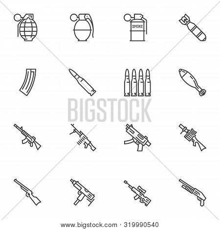 Gun Weapon Line Icons Set. Linear Style Symbols Collection Outline Signs Pack. Vector Graphics. Set 