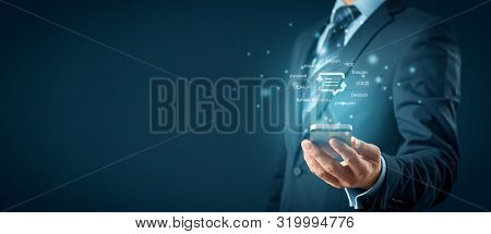Translator App, Language Course And E-learning Concept. Person With Smart Phone, Symbol Of Translati