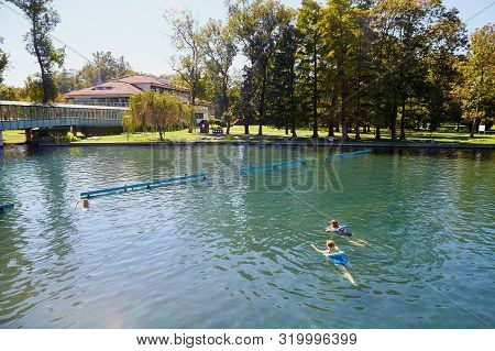 Heviz, Hungary - September 27, 2018: Balneological Therapeutic Lake Heviz In Hungary With Warm Water