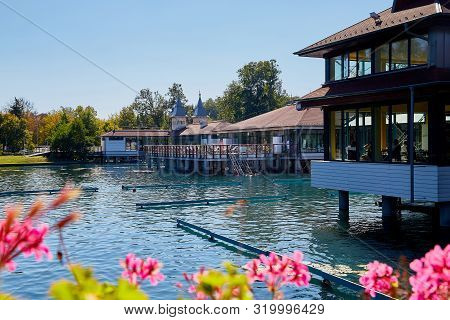 Heviz, Hungary - September 27, 2018: Balneological Therapeutic Lake Heviz In Hungary With Warm Water