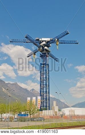 Castione, Switzerland - 26th April 2021 : View Of The Energy Vault Crane Tower In Switzerland. Energ