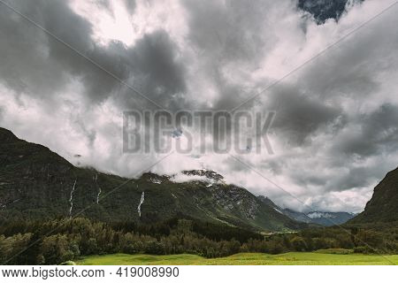 Stardalen, Skei I Jolster, Jostedalsbreen National Park, Norway. Waterfall In Norwegian Summer Lands