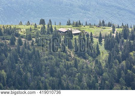 Mountain Hut Under Chleb Hill, Little Fatra, Slovak Republic. Hiking Theme. Seasonal Natural Scene.