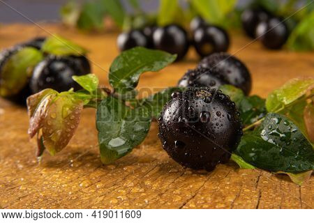 Jabuticaba, Jabuticabas In Detail On Rustic Wood, Selective Focus.