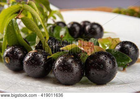 Jabuticaba, Jabuticabas In Detail Inside A White Plate With Branches And Leaves On Rustic Wood, Sele