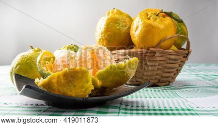 Orange Ponkan, Orange Ponkan Open On A Black Plate, Plus Some Oranges And A Glass Of Juice On A Chec