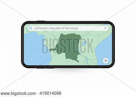 Searching Map Of Dr Congo In Smartphone Map Application. Map Of Dr Congo In Cell Phone. Vector Illus