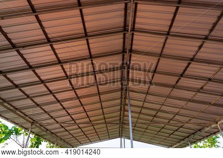 Steel Roof Structure. Moonlight Bulb. Steel Structure With Roof Tiles. Architectural Structure Of Ro