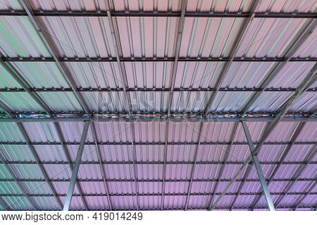 Steel Roof Structure. Moonlight Bulb. Steel Structure With Roof Tiles. Architectural Structure Of Ro
