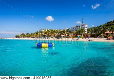 Caribbean Sea In Sunny Beach In Tropical Caribbean Island. Jamaica Beach In Montego Bay.