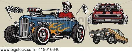 Retro Custom Cars Colorful Composition With Racing Checkered Flags Muscle And Lowrider Automobiles S