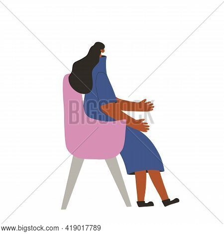 Woman Sitting In The Cozy Chair Isolated On White Background. Girl Self-reflecting On The Causes Of 