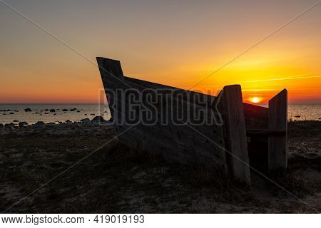 Half Of A Boats Silhuette Of Memorial For Children Lost In Shipwreck Of Ferryboat Estonia During Sun