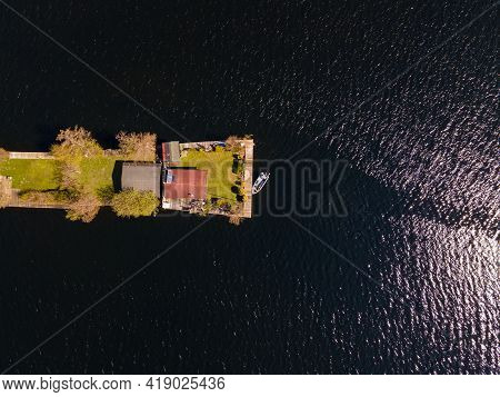 Aerial View Of Small Islands In The Lake Vinkeveense Plassen, Near Vinkeveen, Holland. It Is A Beaut