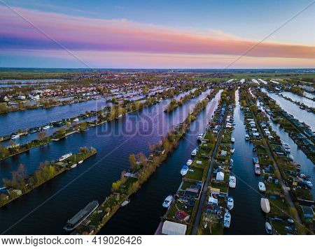 Aerial View Of Small Islands In The Lake Vinkeveense Plassen, Near Vinkeveen, Holland. It Is A Beaut