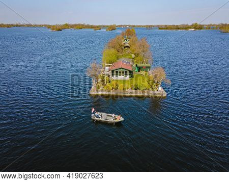 Aerial View Of Small Islands In The Lake Vinkeveense Plassen, Near Vinkeveen, Holland. It Is A Beaut