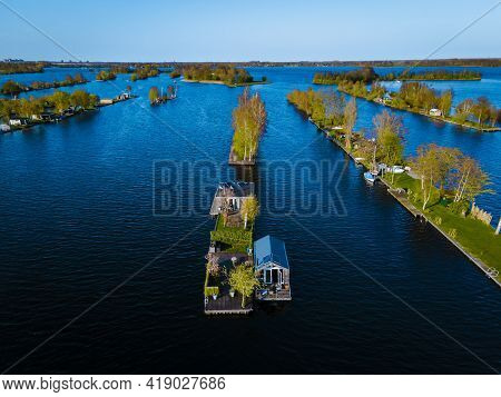 Aerial View Of Small Islands In The Lake Vinkeveense Plassen, Near Vinkeveen, Holland. It Is A Beaut