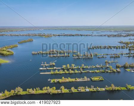 Aerial View Of Small Islands In The Lake Vinkeveense Plassen, Near Vinkeveen, Holland. It Is A Beaut