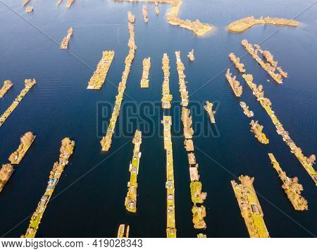 Aerial View Of Small Islands In The Lake Vinkeveense Plassen, Near Vinkeveen, Holland. It Is A Beaut