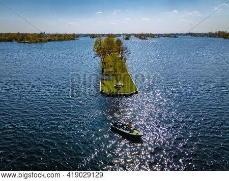 Aerial View Of Small Islands In The Lake Vinkeveense Plassen, Near Vinkeveen, Holland. It Is A Beaut