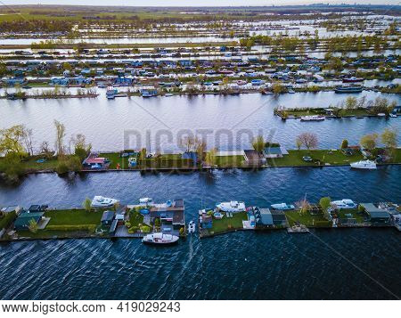 Aerial View Of Small Islands In The Lake Vinkeveense Plassen, Near Vinkeveen, Holland. It Is A Beaut