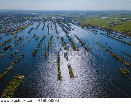 Aerial View Of Small Islands In The Lake Vinkeveense Plassen, Near Vinkeveen, Holland. It Is A Beaut