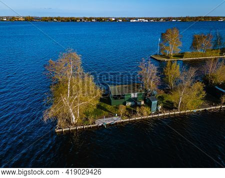 Aerial View Of Small Islands In The Lake Vinkeveense Plassen, Near Vinkeveen, Holland. It Is A Beaut