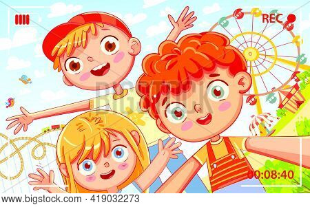 Group Of Friends Taking Selfie And Laughing. Selfie On Amusement Park. Children Shoot Myself On Came
