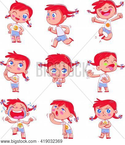 Cute Red-headed Pigtailed Girl With Different Emotions. Emoji Stickers Emotions. Funny Cartoon Color