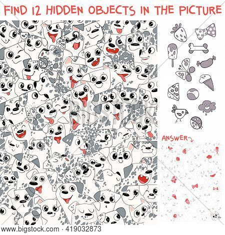 Pattern Of Dalmatian Puppies. Find 12 Hidden Objects In The Picture. Puzzle Hidden Items. Funny Cart