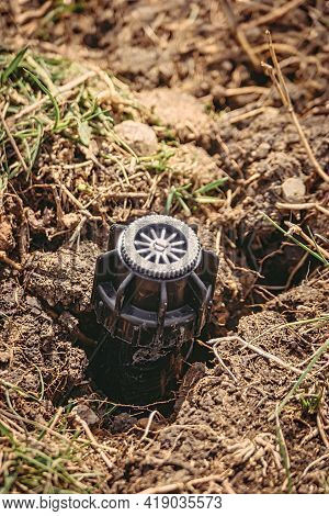 Sprinkler Head In Soil. Newly Installed Irrigation System In Backyard.