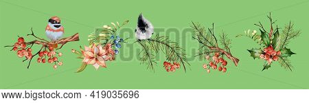 Vintage Floral Set Spring Or Summer Decoration With Pine Dry Branch, Red Berries, Mountain Ash, Litt