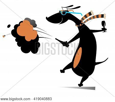 Comic Dog With Bottle Of Alcohol And Footed Tumbler Illustration.
Alcohol Splashes. Cheerful Dachshu