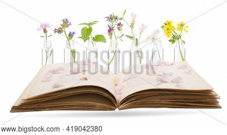 Bottles With Bach Flower Stock Remedy And Book. Concept
