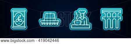 Set Line Olives In Can, Spanish Hat, Cook And Aqueduct Of Segovia. Glowing Neon Icon. Vector