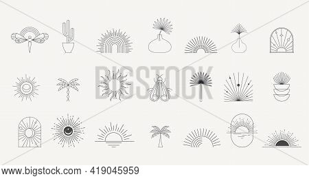 Bohemian Linear Logos, Icons And Symbols, Sun, Palms, Landscapes Design Templates, Geometric Abstrac