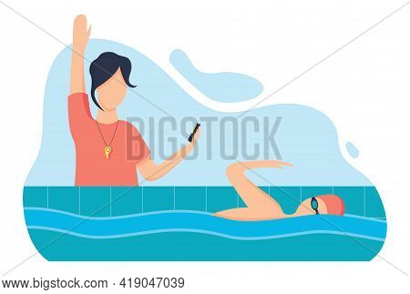 Swimming Lesson With A Coach, A Woman Teaches A Young Man To Swim In The Pool, Modern Vector Illustr