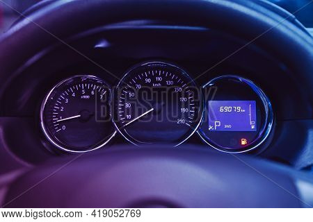 Novosibirsk, Russia - April 25 2021: Nissan Terrano, Dashboard Of The Car Is Illuminated By Bright I