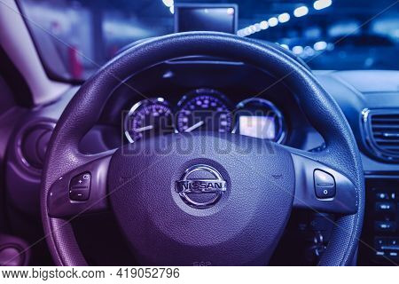 Novosibirsk, Russia - April 25 2021: Nissan Terrano,  Dashboard, Player, Steering Wheel With Logo An