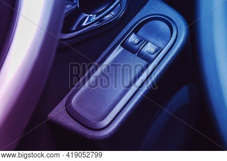 Novosibirsk, Russia - April 25 2021: Nissan Terrano,  Interior Of Modern Car. Side Door Buttons: Win