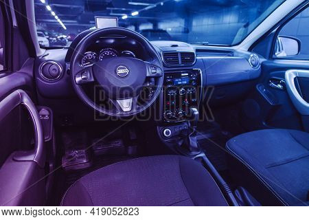 Novosibirsk, Russia - April 25 2021: Nissan Terrano, Salon Of A New Stylish Car, Steering Wheel , Da