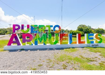 Panama Port Armuelles Town, April 27, Colored Welcome Sign Of The Town. Shoot On April 27, 2021