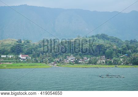 View Landscape Danau Toba Lake And Tao Batak Toba Caldera Supervolcano At Tomok Village Hill And Sip