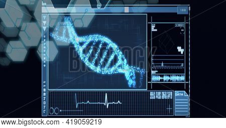 Composition of dna strand, chemical compounds and scientific data processing on black background. global networking, science, research and technology concept digitally generated image.