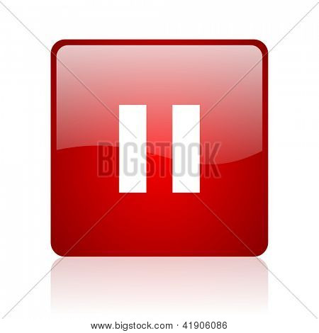 pause red square glossy web icon on white background