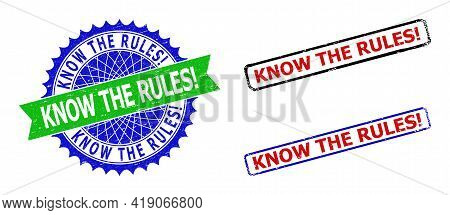 Bicolor Know The Rules Exclamation. Stamps. Blue And Green Know The Rules Exclamation. Seal With Sha