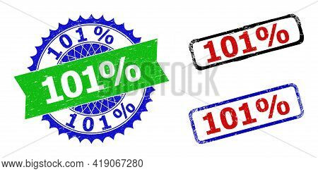 Bicolor 101 Percents Seal Stamps. Blue And Green 101 Percents Badge With Sharp Rosette And Ribbon De