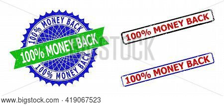 Bicolor 100 Percents Money Back Seal Stamps. Green And Blue 100 Percents Money Back Seal With Sharp 