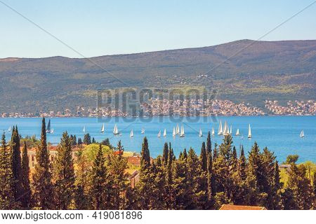 Beautiful  Sunny Mediterranean Landscape. Sailboats On Water. Montenegro, Adriatic Sea, View Of Bay 